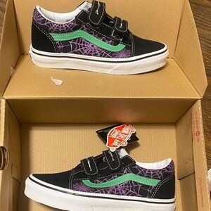 Vans Kids Black and Purple Sneakers with Green Stripe